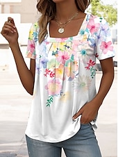 abordables T-shirt floral-Femmes T-shirt Fleuri Graphique ancien Élégant Classique Manche Courte Col carré Hauts Réguliers Quotidien Week-end Imprimé Blanche Été