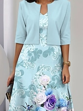 preiswerte Blumenkleid-Damen Kleid Set Midi Kleid A-Linien Kleid Sommer Kleid Party Semi Formal Florale Grafik Druck Halbärmel V-Ausschnitt Hochzeitsgast täglich Blau Sommer Frühling Reguläre Passform