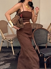 abordables Ensembles courts pour femmes-Femmes Mode Streetwear Ensembles en coton et lin Jupe Ensembles Sans manches Bretelle Uni Dos nu Fête Week-end Marron Été Coupe régulière