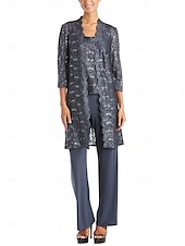 baratos Terninhos de calça da mamãe-Macacão Vestido Para Mãe dos Noivos Convidado do casamento Igreja Elegante Vintage Gola Redonda Longo Chiffon Renda Manga Longa com Lantejoulas Bordado 2025