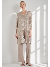 baratos Terninhos de calça da mamãe-Macacão Vestido Para Mãe dos Noivos Convidado do casamento Igreja Elegante Vintage Gola Redonda Longo Chiffon Renda Manga Longa com Lantejoulas Bordado 2025