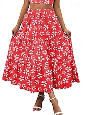 economico Gonne grafiche-Per donna Gonna Svasato Casual Maxi Vita media Gonne Floreale Stampato Micro-elastico Vacanza Uscire Rosso Viola Blu scuro Azzurro Estate Misto Cotone