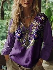 abordables Tops Boho pour Femmes-Blouse Boho Femme Graphique Florale Bohémienne Vintage Tropicale Manches 3/4 Décolleté en V Tops Réguliers Rouge Été Printemps