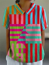 ieftine Topuri de artă și design pentru femei-Pentru femei Cămașă Geometric Bloc Culoare Stilat Modern Manșon scurt Guler Cămașă Topuri obișnuite Zilnic Concediu Imprimeu Negru Albastru piscină Albastru celest Portocaliu Kaki Vară