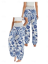 billiga Grafisk linnebyxa i bomull-Dam Linneinspirerade byxor Brett skaft Byxor Etnisk Stil Ledigt Boho Fullängd Hög midja Blommig Ficka Elastisk midja Tryck Mateial som andas Mjuk Microelastisk Utomhus Yoga Svart Rosa Marinblå Blå
