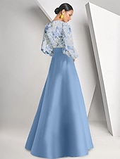 voordelige BLAUW-Bloemen Brocade Organza Avond Gown Celebrity Stijl Jurk Formele Bruiloft Gast Vloer Lengte Lange Mouw V Hals Ceintuur  Sash met Split