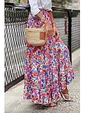 cheap Graphic Skirts-Women&#039;s Skirt Bohemia Fashion Boho Maxi Mid Rise Skirts Floral Print Micro-elastic Vacation Street Fuchsia Summer Polyester