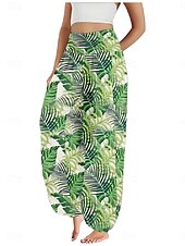 economico Pantaloni in cotone e lino con grafica-Per donna Pantaloni ispirati al lino Gamba larga Pantaloni Stile Etnico Casual Boho Lunghezza intera Vita Alta Floreale Foglia Tropicale Tasca Elastico in vita Stampa Traspirabilità Morbido
