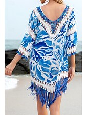 abordables Robes de plage-Femmes Maillots de Bain Vêtement couvrant Maillot de bain Ourlet à franges Tropical Tenues de plage Fleur Fil en V manche longue Maillots de bain