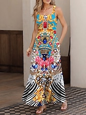 billiga Boho klänningar-Dam Maxiklänning A linjeklänning Sommarklänning Off Shoulder Klänning Semester Ledigt Fest Datum Normal Blommig Grafisk Stam Ärmlös Fyrkantig hals Blå Sommar Vår