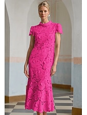 abordables Robes de cocktail-Robe Cocktail Colonne Jaune Bleue Élégante Robe Brodée Mariage Formelle Longueur Cheville Manches Courtes Col Montant Dentelle avec Fente