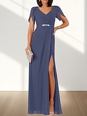 cheap Wedding Guest Dresses-A-Line Wedding Guest Dresses Elegant Dress Wedding Guest Engagement Floor Length Short Sleeve V Neck Chiffon with Ruched Beading Slit