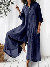 preiswerte Schlichte Hose aus Baumwollleinen-Damen Jumpsuit Aktiv Einfarbig Langarm Weit Bein Hemdkragen Knöpfe Tasche Urlaub Täglich Reguläre Passform Armeegrün Marineblau Khaki Sommer