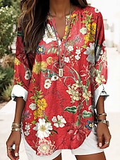 billiga Kvinnors Konst &amp; Design Toppar-Kvinnors Boho Blus Blommig Grafisk Abstrakt Elegant Daglig Lång Ärmar V-Hals Regular Toppar Dagligt Tryck Röd Blå Lila Grön Sommer Vår