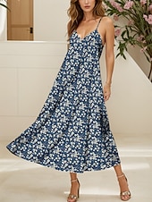 cheap Floral Dress-Women&#039;s Maxi Dress Sundress A Line Dress Summer Dress Slip Dress Elegant Vacation Casual Regular Fit Floral Graphic Sleeveless V Neck Spaghetti Strap Red Blue Green Summer Spring