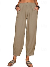 baratos Calça de linho de algodão simples-Mulheres Calças de linho de algodão Calças Roupa de rua Casual Comprimento total Natural Tecido Bolsos Cintura elástica Confortável Para Noite Final de semana Vinho Cinzento Preto Branco Verão Normal