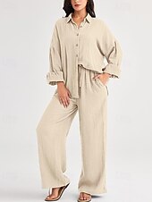 billiga Uppsättningar-Dam Mode Streetwear Skjorta Tvådelade set Byxuppsättningar Långärmad Tröjkrage Ensfärgat Snörning Dagliga kläder Datum Svart Vin Armégrön Vår Normal