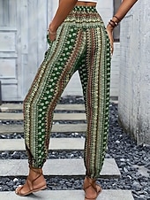 preiswerte weites Bein und hohe Taille-Damen Jogginghose Hosen Hose Urlaub Boho Volle Länge Mittlere Taille Geometrisch Elastischer Bund Atmungsaktiv Bequem Mikroelastisch Straße Alltagskleidung Ausgehen Dunkelbraun Weiß Rot Dunkelgrün