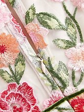 billige Gulvlengde-Blomstermønstrete Broderte Blonder A-Linje Mor til Bruden Kjole Semi Formell Kjole Strand Bryllup Enkel Minimalistisk V Hals Gulvlengde Tyll Lange Ermer med Fløyels Belte  Bånd