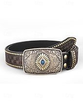 cheap Men&#039;s Belts-Men&#039;s Western Style Leather Belt with Eagle Buckle – Vintage Embossed Design with Rivets, Ideal for Casual and Country Wear
