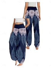 billiga Grafisk linnebyxa i bomull-Dam Linneinspirerade byxor Brett skaft Byxor Etnisk Stil Ledigt Boho Fullängd Hög midja Grafiska tryck Ficka Elastisk midja Tryck Mateial som andas Mjuk Microelastisk Utomhus Yoga Svart Blå Purpur