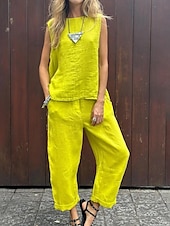 abordables Ensembles chemisiers pour femmes-Femmes Actif Chemisier Ensembles de Pantalons Sans manches Col ras du cou Couleur Unie Fête Week-end Noir Jaune Bleu Été Coupe régulière