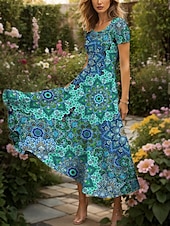 abordables Robes Boho-Femmes Robe maxi Robe Décontractée Robe trapèze Robe d&#039;été Vacances ancien Ethnique Coupe régulière Graphique Géométrique Motif cachemire damassé bohème Manche Courte Col carré Rouge Bleu Ét