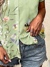 abordables Hauts Floraux-Femmes Chemise A Ombre Fleuri Graphique ancien Tropical Quotidien Manche Courte Mancheron Col de chemise Hauts Longs Quotidien Vert Claire Été Printemps