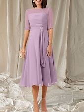 abordables Longueur du thé-Robe Mère de la Mariée A-Line Invité de Mariage Élégante Col Ras du Cou Longueur Thé Chiffon Manches Mi-longues avec Sash  Ruban Robe Midi Froncée