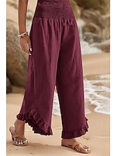 economico Pantaloni in lino e cotone semplici-Per donna Pantaloni in cotone e lino Pantaloni Eleganti Moda Streetwear Lunghezza intera Naturale Semplice Volant Elastico in vita All&#039;aperto Confortevole All&#039;aperto Vacanza Uscire Rosso arancione