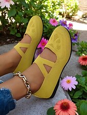 billige Flate sko til kvinner-strikkede, kryssreimer for kvinner med bred passform mary jane flats – lette flystrikkede barfotsko for våren og daglig bruk