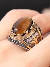 abordables Bijoux pour hommes-Bague vintage en acier inoxydable pour homme avec pierre œil de tigre, design tribal en argent antique, bague audacieuse, adaptée aux occasions décontractées et formelles