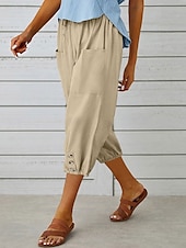 cheap Plain Cotton Linen Pant-Women&#039;s Capri Pants Solid Color Chinos Fashion Ethnic Style Basic Calf-Length High Waist Plain Pocket Drawstring Comfort Outdoor Micro-elastic Vacation Street Daily Black White Khaki Light Blue