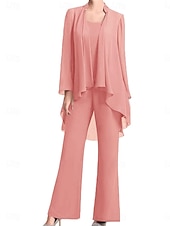 economico Sotto 129,99 $-Pantaloni Abito Madre della Sposa Ospite Matrimonio Elegante Semplice Collo Gioiello Lunghezza del Pavimento Chiffon Manica Lunga con Colore Solido