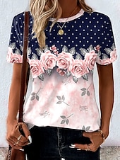 abordables T-shirt floral-Femmes T-shirt Fleuri Graphique À pois ancien Élégant Classique Manche Courte Col ras du cou Col rond Hauts Réguliers Quotidien Imprimé bleu marine Été