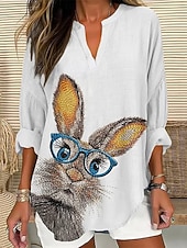 tanie koszula wielkanocna-Bluzka damska z lnu przewiewna lekka tunika dekolt w serek długi rękaw boho casual graficzny zwierzęcy vintage tropikalna codzienne regularne topy codzienne noszenie nadruk czarna biała niebieska