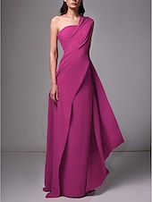 baratos VERMELHO-Vestido de Gala na Praia Tipo Tubo Elegante Vestido Formal Comprimento da Barragem Sem Mangas Um Ombro Chiffon Stretch com Pregas Franzido Fantasia 2025