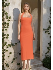 abordables Vestidos de cóctel-Vestidos de cóctel color amarillo mantequilla estilo sheath  columna elegante vestido semi formal de boda longitud té sin mangas cuello halter de crepé elástico sin respaldo