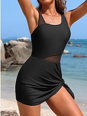 voordelige One Pieces &amp; Tankinis-Dames Zwempak Zwemjurkjes Netstof Buikcontrole Zwemkleding Effen Zwemkleding Zwart Ademend Sneldrogend Lichtgewicht Mouwloos - Zwemmen Surfen Strand Zomer Lente