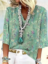 preiswerte Blumenoberteile-Damen Bluse Blumen Grafik Tupfen Stilvoll Strand Kurzarm V Ausschnitt Normale Oberteile Täglich Druck Salbeigrün Rosa Sommer Frühling