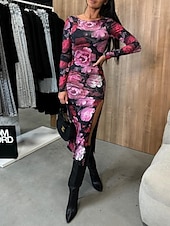 preiswerte Elegante Blumenkleider-Damen Midikleid Blumenkleid Sommerkleid Mode Modern Täglich Date Wochenende Normale Passform Blume Langarm Rundhalsausschnitt Schwarz Weiß Rose Sommer