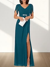 cheap Wedding Guest Dresses-A-Line Wedding Guest Dresses Elegant Dress Wedding Guest Engagement Floor Length Short Sleeve V Neck Chiffon with Ruched Beading Slit