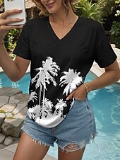 abordables Thé hawaïen-Femmes T-shirt Graphique Plantes ancien Élégant Classique Manche Courte Col en V Hauts Réguliers Quotidien Sortir Week-end Imprimé Noir Blanche Été Printemps