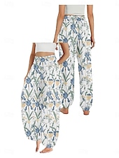 economico Pantaloni in cotone e lino con grafica-Per donna Pantaloni ispirati al lino Gamba larga Pantaloni Stile Etnico Casual Boho Lunghezza intera Vita Alta Floreale Foglia Tropicale Tasca Elastico in vita Stampa Traspirabilità Morbido