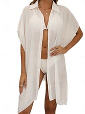 cheap Beach Dresses-Women&#039;s Swimsuits Cover Up Swim Dress Swimsuit Buttons UV Protection Vacation Beach Wear Solid Color V Neck Short Sleeves Bathing Suits