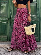 cheap Graphic Skirts-Women&#039;s Skirt Maxi Skirt A Line Swing Bohemia Casual Maxi High Waist Skirts Floral Pocket Print Micro-elastic Street Daily Pink Fuchsia Summer Polyester Cotton Blend
