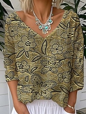 preiswerte Blumenoberteile-Damen Bluse Blumen Grafik Pflanzen Vintage Tropisch Stilvoll Dreiviertelarm V Ausschnitt Normale Oberteile Täglich Ausgehen Wochenende Silber Gold Khaki Sommer Frühling