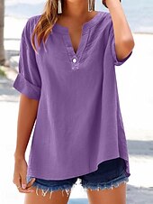 voordelige Overhemden-Dames Blouse Effen Basic Casual Korte mouw Gekerfde nek Normale tops Dagelijks Knop Zak Rood blauw Paars Beige Zomer Lente