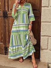 billige Boho-kjoler-Dame Maxikjole Solkjole Kjole med A-linje Fit And Flare Dress Ferie Fritid Bohem utendørs Fest Ut på byen Normal Grafisk Geometrisk Stamme Ermeløs V-hals Rød Blå Grønn Sommer Vår