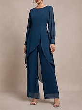 preiswerte Unter 129,99 $-Hosenanzug Brautmutter Klassischer Rundhalsausschnitt Asymmetrischer Saum Chiffon Lange Ärmel mit Einfarbig